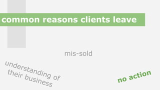 mis-sold
ranking drops
no action
understanding of
their business
misaligned
expectations
common reasons clients leave
 