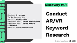 @5minutesnippets
Discovery #1/4
Conduct
AR/VR
Keyword
Research
[Product] Try on App
Try On [Product] App
[Product] View in Room
[Service/Product] Virtual Reality Tours
[Service/Product] Virtual Reality
Experience
[Product] Visualizer/Visualiser
 