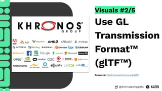 @5minutesnippets
Visuals #2/5
Use GL
Transmission
Format™
(glTF™)
Resource: https://www.khronos.org/gltf/
 