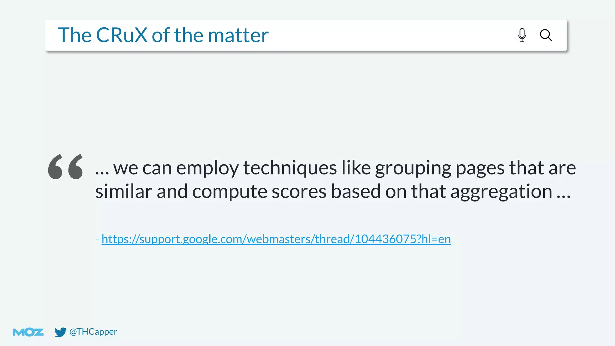 @THCapper
The CRuX of the matter
… we can employ techniques like grouping pages that are
similar and compute scores based on that aggregation …
- https://support.google.com/webmasters/thread/104436075?hl=en
 