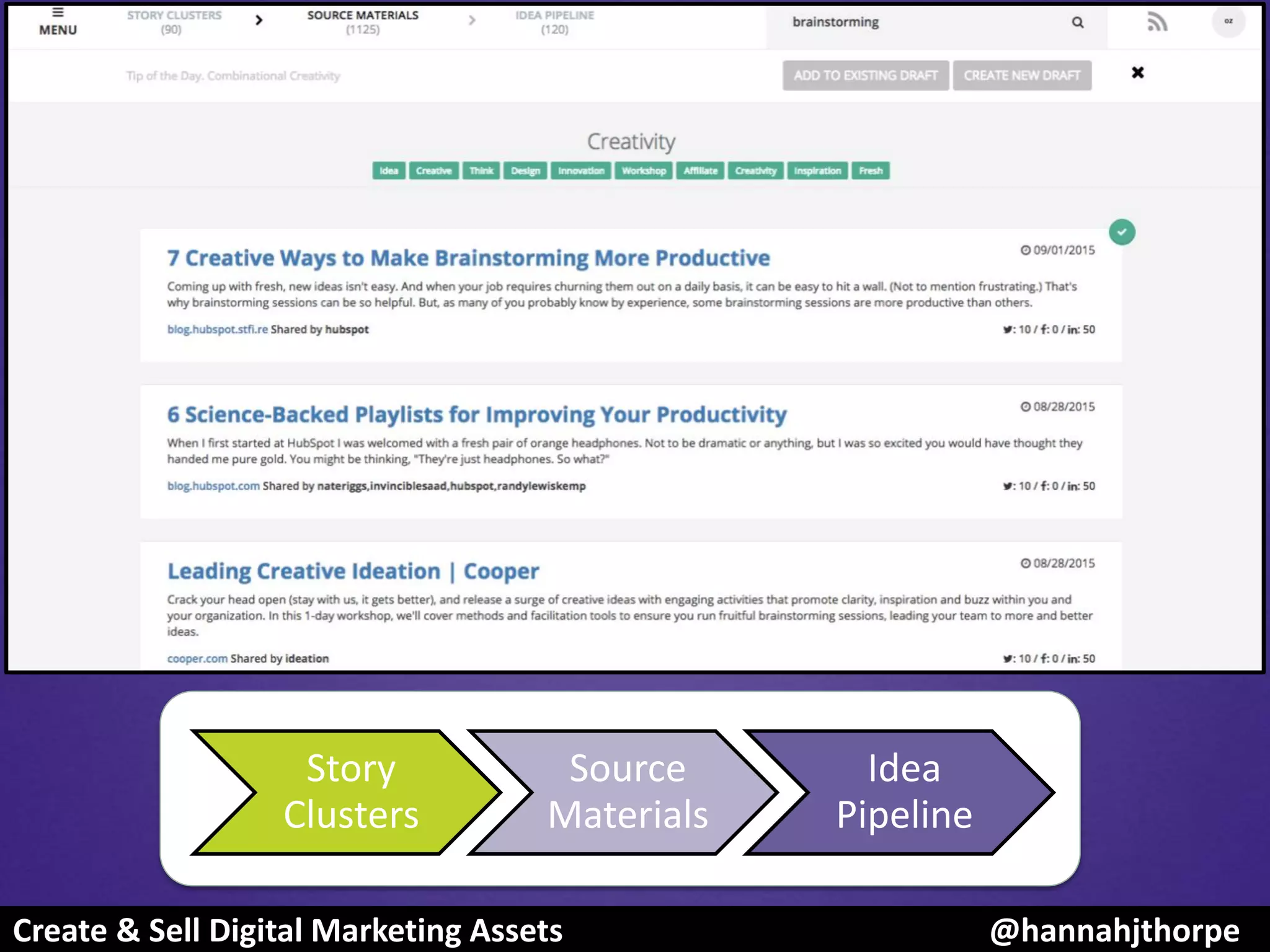 Story
Clusters
Source
Materials
Idea
Pipeline
Create & Sell Digital Marketing Assets @hannahjthorpe