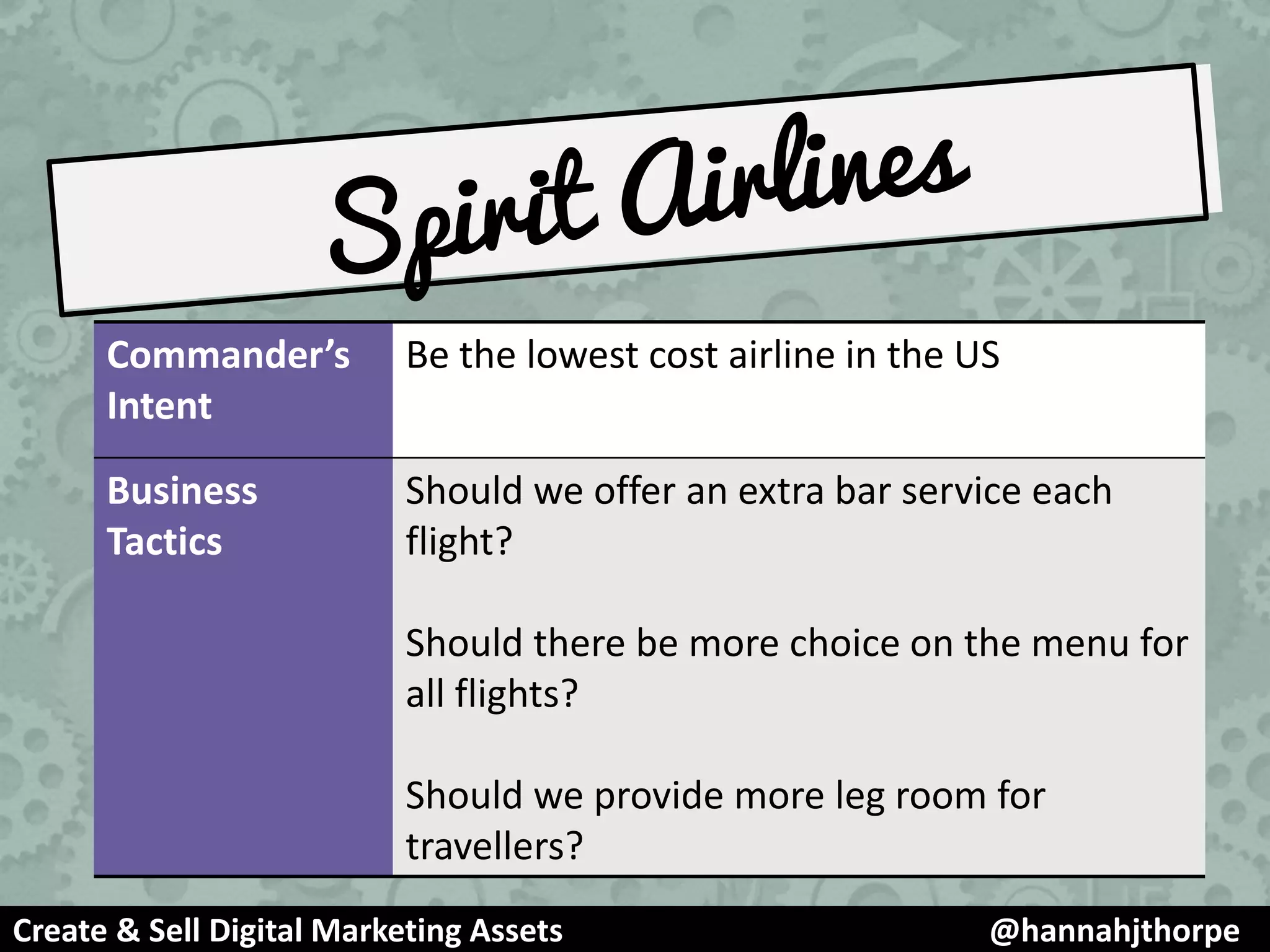 Commander’s
Intent
Be the lowest cost airline in the US
Business
Tactics
Should we offer an extra bar service each
flight?
Should there be more choice on the menu for
all flights?
Should we provide more leg room for
travellers?
Create & Sell Digital Marketing Assets @hannahjthorpe