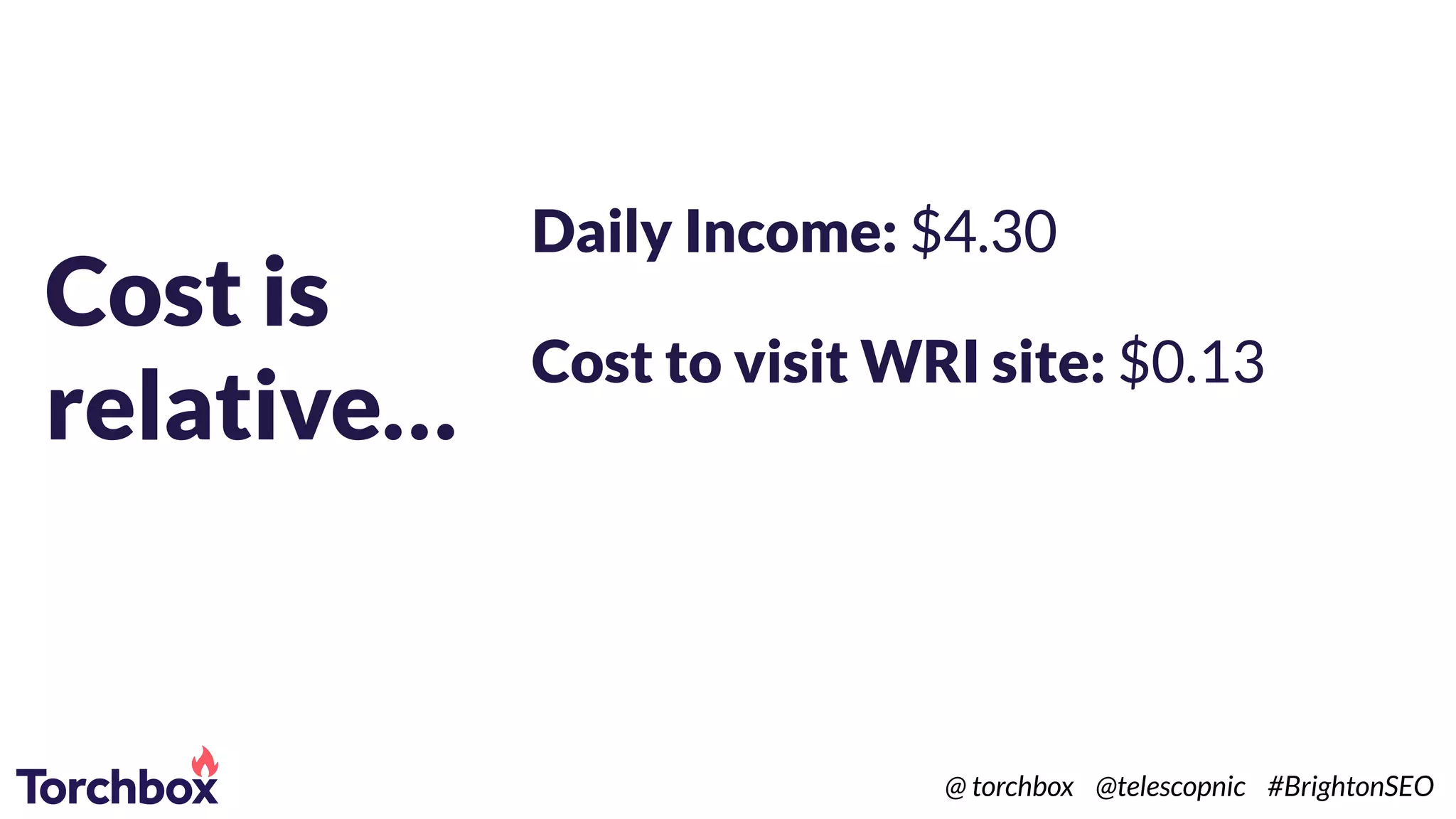 Cost is
relative…
Daily Income: $4.30
Cost to visit WRI site: $0.13
@ torchbox @telescopnic #BrightonSEO
 