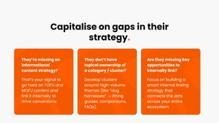 Capitalise on gaps in their
strategy.
They’re missing an
informational
content strategy?
That’s your signal to
go hard on TOFU and
MOFU content and
link it internally to
drive conversions.
They don’t have
topical ownership of
a category / cluster?
Develop clusters
around high-volume
themes (like “dog
harnesses” → fitting
guides, comparisons,
FAQs).
Are they missing key
opportunities to
internally link?
Focus on building a
smart internal linking
strategy that
connects the dots
across your entire
ecosystem
 
