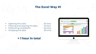 The Excel Way #1
• Opening the crawl 10 mins
• Filtering and cleaning the data 15 mins
• Performing VLOOKUPs 10 mins
• Analysing the data 30 mins
= 1 hour in total
 