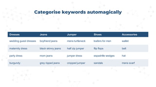 Categorise keywords automagically
Dresses Jeans Jumper Shoes Accessories
wedding guest dresses boyfriend jeans mens turtleneck loafers for men wallet
maternity dress black skinny jeans half zip jumper flip flops belt
party dress mom jeans jumper dress espadrille wedges hat
burgundy grey ripped jeans cropped jumper sandals mens scarf
 