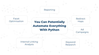 You Can Potentially
Automate Everything
With Python
Facet
Optimisation
Reporting
Keyword
Research
Internal Linking
Analysis
Redirect
Hops
Ad
Campaigns
 