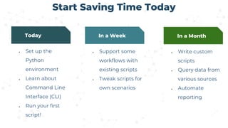 Today
● Set up the
Python
environment
● Learn about
Command Line
Interface (CLI)
● Run your first
script!
In a Week
● Support some
workflows with
existing scripts
● Tweak scripts for
own scenarios
In a Month
● Write custom
scripts
● Query data from
various sources
● Automate
reporting
Start Saving Time Today
 