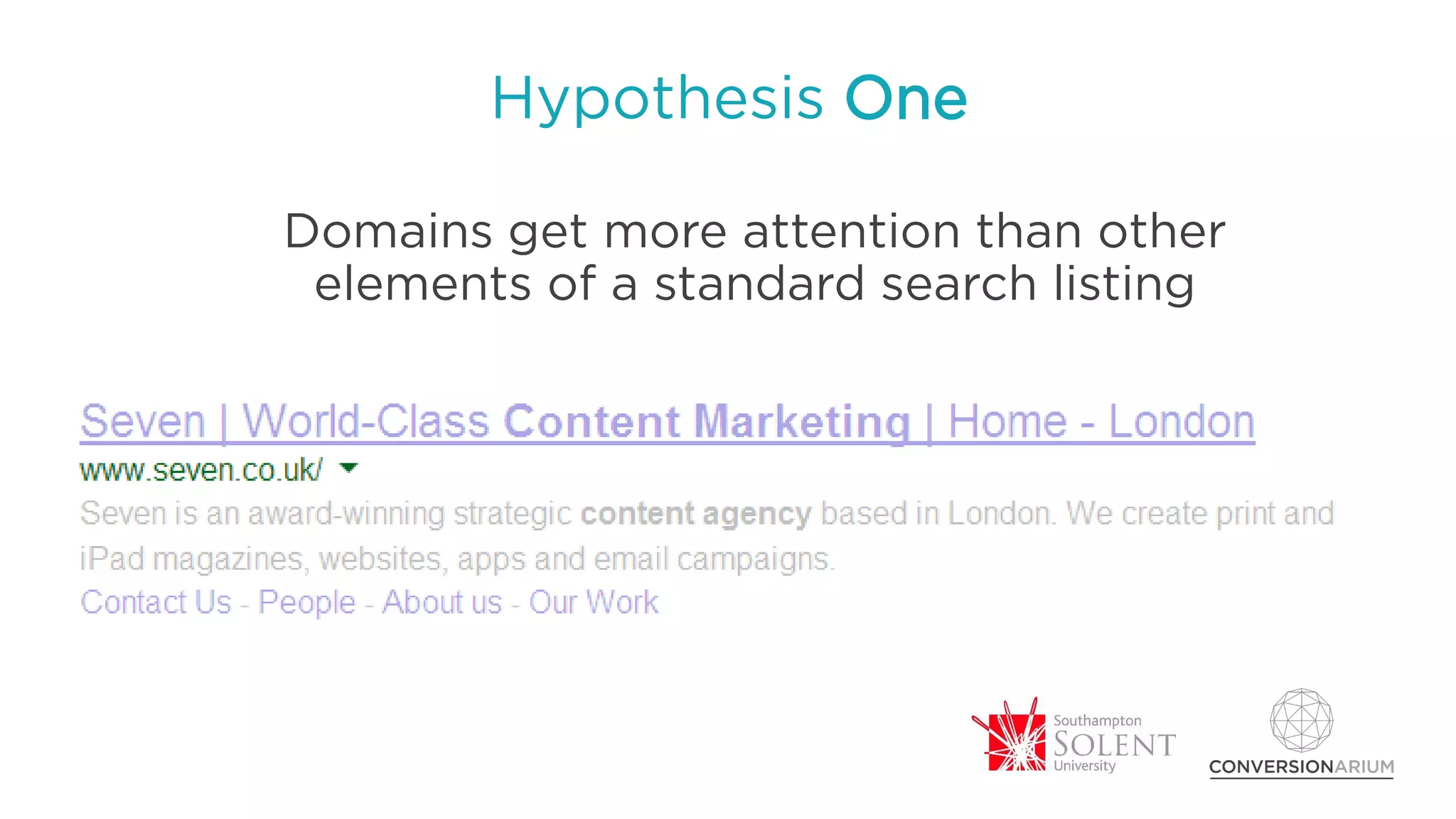 Hypothesis One
Domains get more attention than other
elements of a standard search listing
 