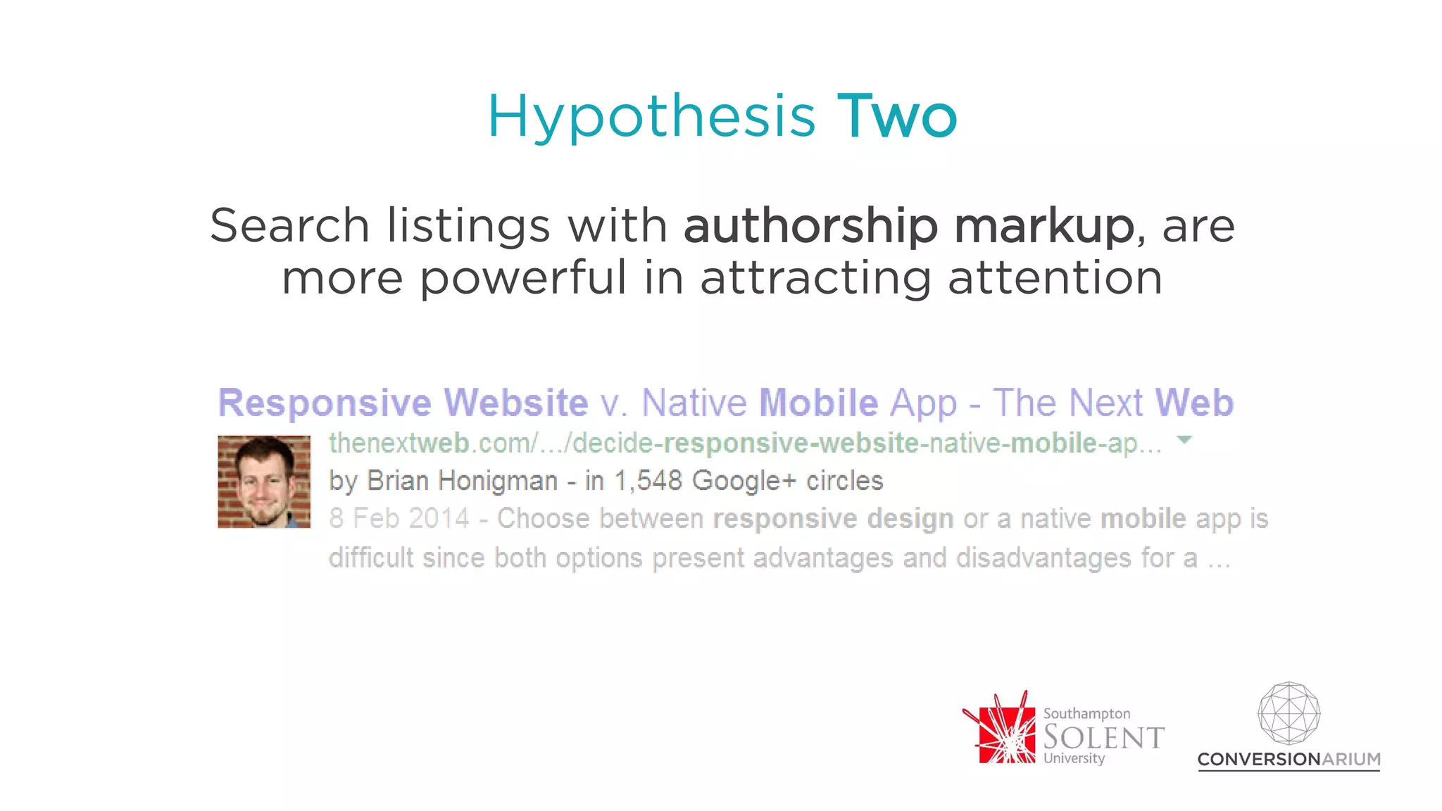 Hypothesis Two
Search listings with authorship markup, are
more powerful in attracting attention
 