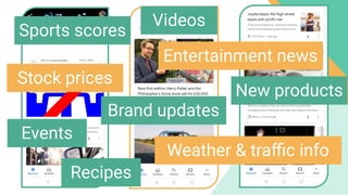 Sports scores
Entertainment news
Events
Videos
Brand updates
Stock prices
Weather & traﬃc info
Recipes
New products
 
