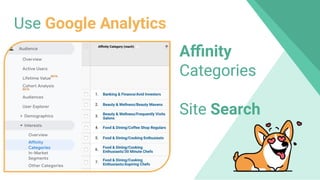 Use Google Analytics
Aﬃnity
Categories
Site Search
 