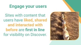 Sites with content that
users have liked, shared
and interacted with
before are ﬁrst in line
for visibility on Discover.
Engage your users
 