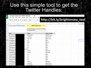 Use this simple tool to get the
Twitter Handles:
http://bit.ly/brightonseo_tool
 