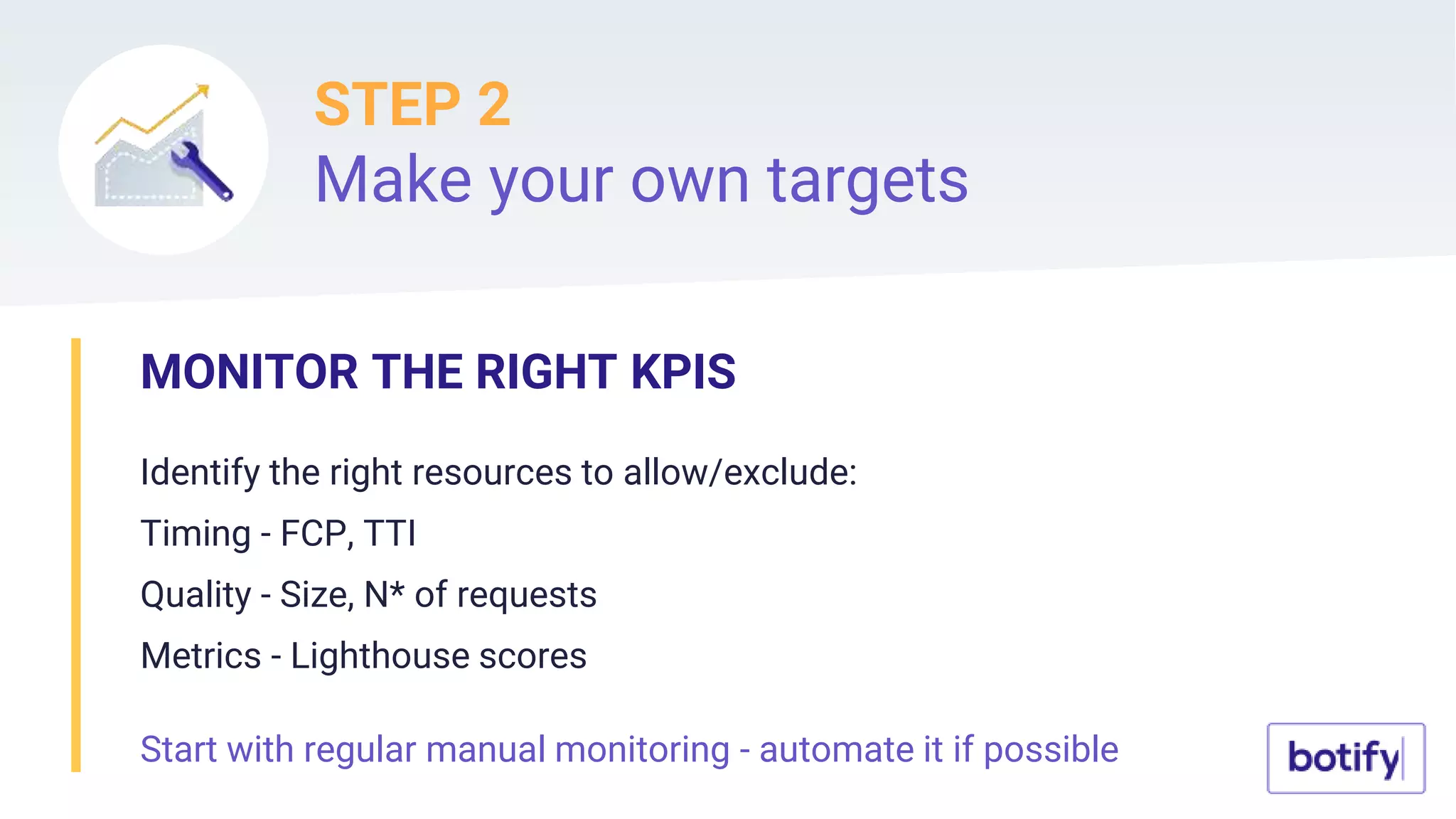 STEP 2
Make your own targets
MONITOR THE RIGHT KPIS
Identify the right resources to allow/exclude:
Timing - FCP, TTI
Quality - Size, N* of requests
Metrics - Lighthouse scores
Start with regular manual monitoring - automate it if possible
 
