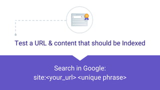Test a URL & content that should be Indexed
Search in Google:
site:<your_url> <unique phrase>
 