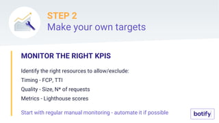 STEP 2
Make your own targets
MONITOR THE RIGHT KPIS
Identify the right resources to allow/exclude:
Timing - FCP, TTI
Quality - Size, N* of requests
Metrics - Lighthouse scores
Start with regular manual monitoring - automate it if possible
 