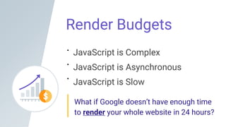 Render Budgets
JavaScript is Complex
JavaScript is Asynchronous
JavaScript is Slow
What if Google doesn’t have enough time
to render your whole website in 24 hours?
 