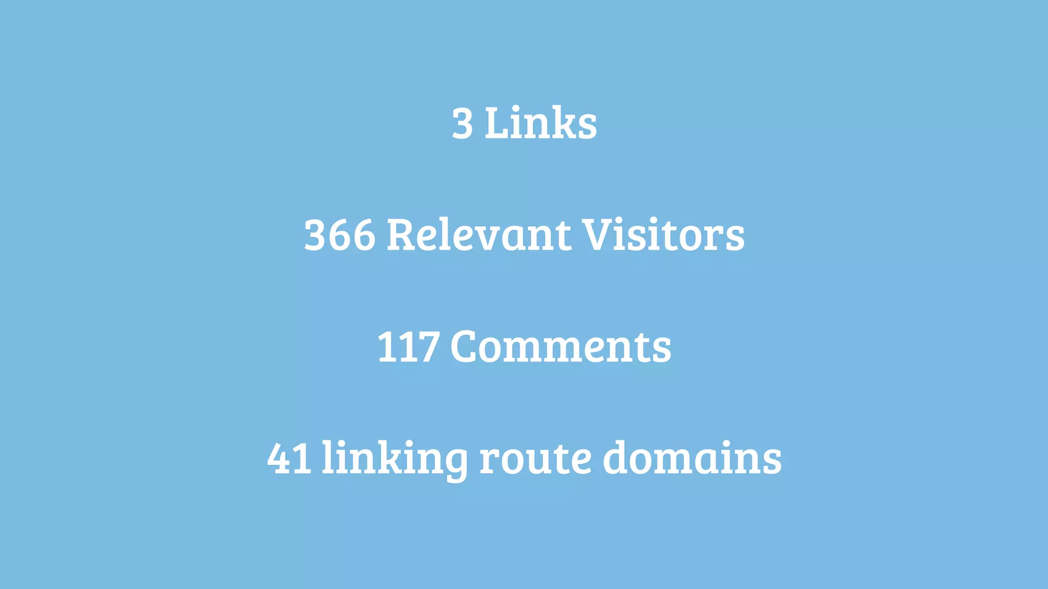 3 Links

 366 Relevant Visitors

     117 Comments

41 linking route domains
 