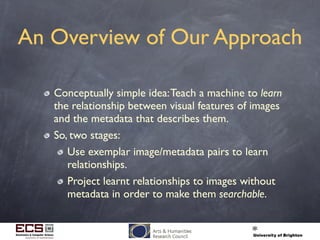 An Overview of Our Approach
Conceptually simple idea:Teach a machine to learn
the relationship between visual features of images
and the metadata that describes them.
So, two stages:
Use exemplar image/metadata pairs to learn
relationships.
Project learnt relationships to images without
metadata in order to make them searchable.
 