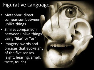 Figurative LanguageMetaphor: direct comparison between unlike thingsSimile: comparison between unlike things using “like” or “as”Imagery: words and phrases that evoke any of the five senses (sight, hearing, smell, taste, touch)