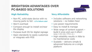  Non-PC, solid-state device with no
moving parts to fail: <1% failure rate!
 Won’t overheat
 Compact enough to install on/near
the display
 Purpose-built OS for digital signage
 Open standards to easily customize
or integrate with POS
BRIGHTSIGN ADVANTAGES OVER
PC-BASED SOLUTIONS
Very Affordable
 Includes software and networking
solutions – no hidden fees!
 Low power requirements
 Easy to install & manage
 Wide range of content support –
build it once and use it often!
(jpegs, H.264 video, HTML5, etc.)
 High reliability results in little to
no maintenance costs
 Scalable – delivers simple &
advanced features on a single
platform
High Reliability
 