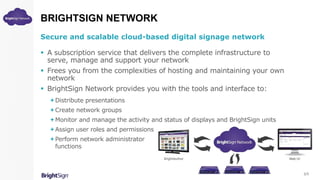BRIGHTSIGN NETWORK
Secure and scalable cloud-based digital signage network
 A subscription service that delivers the complete infrastructure to
serve, manage and support your network
 Frees you from the complexities of hosting and maintaining your own
network
 BrightSign Network provides you with the tools and interface to:
Distribute presentations
Create network groups
Monitor and manage the activity and status of displays and BrightSign units
Assign user roles and permissions
Perform network administrator
functions
2/5
 