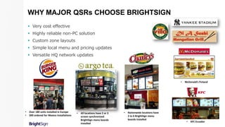 WHY MAJOR QSRs CHOOSE BRIGHTSIGN
 Very cost effective
 Highly reliable non-PC solution
 Custom zone layouts
 Simple local menu and pricing updates
 Versatile HQ network updates
• All locations have 2 or 3
screen synchronized
BrightSign menu boards
installed
• Nationwide locations have
2 to 6 BrightSign menu
boards installed
• McDonald’s Finland
• Over 180 units installed in Europe
• 300 ordered for Mexico installations
• KFC Ecuador
 