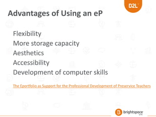 Advantages of Using an eP
Flexibility
More storage capacity
Aesthetics
Accessibility
Development of computer skills
The Eportfolio as Support for the Professional Development of Preservice Teachers
 