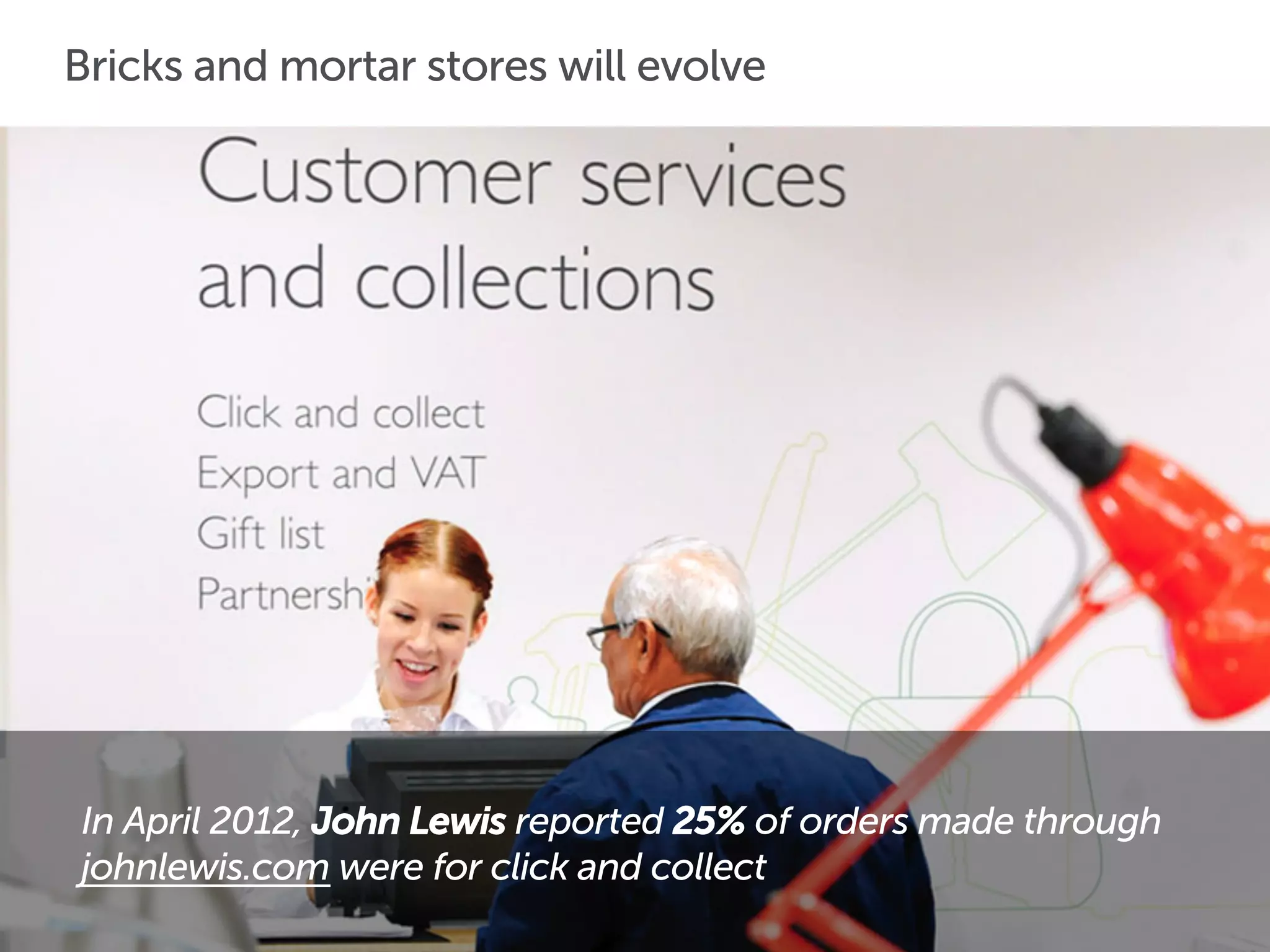 In April 2012, John Lewis reported 25% of orders made through
johnlewis.com were for click and collect
Bricks and mortar stores will evolve
 