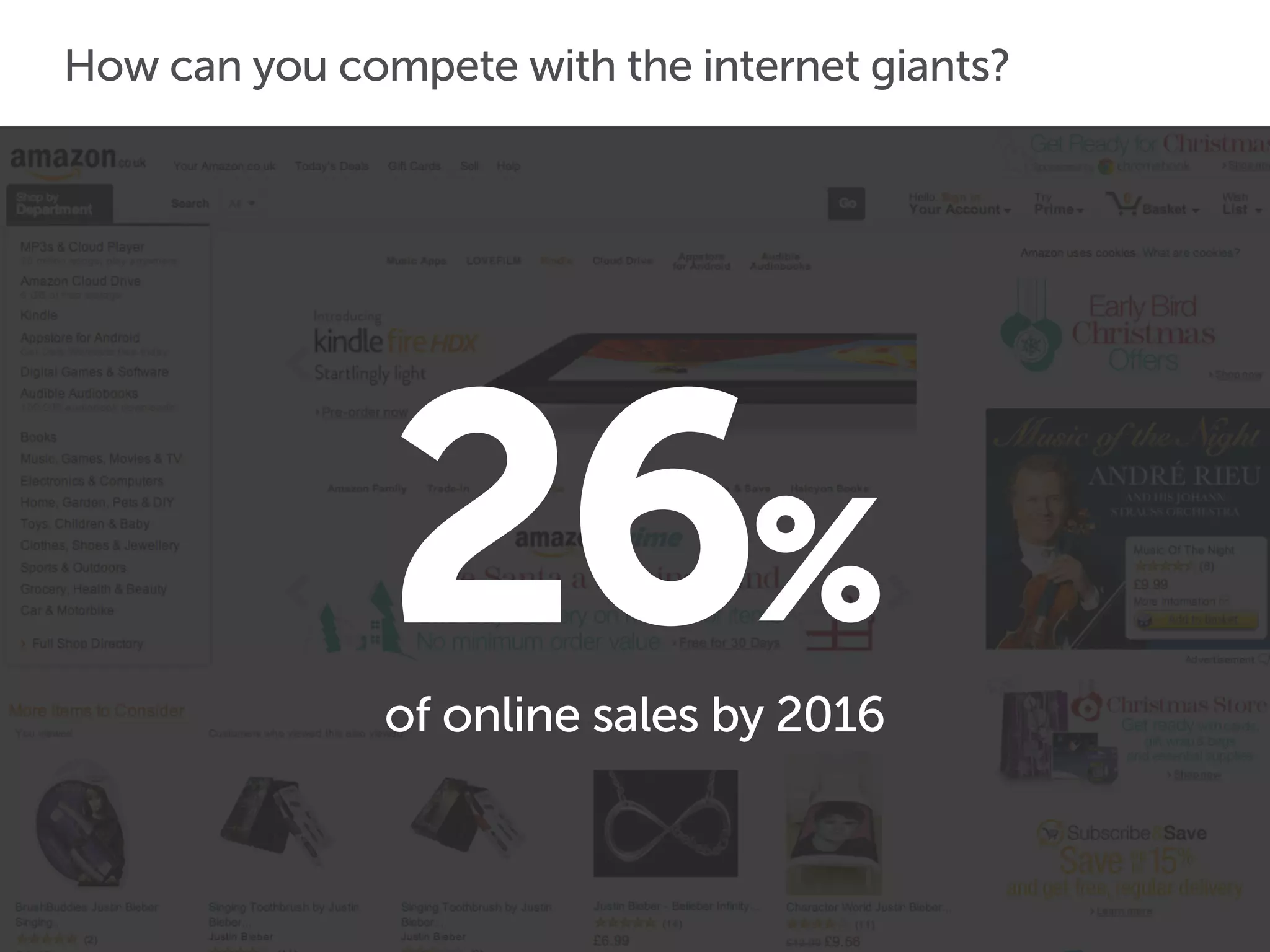26%
of online sales by 2016
How can you compete with the internet giants?
 
