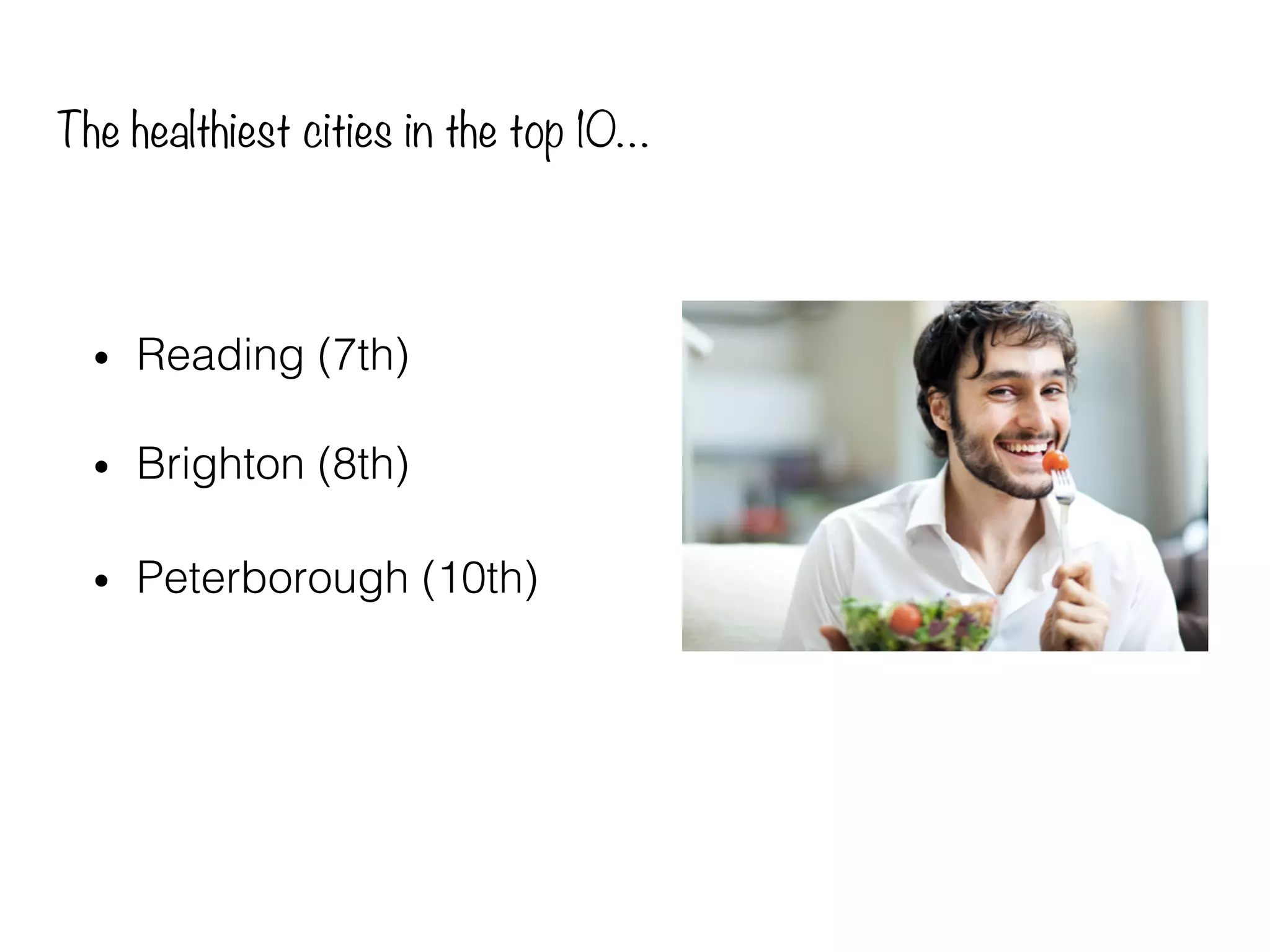 The healthiest cities in the top 10…
•  Reading (7th)!
•  Brighton (8th) !
•  Peterborough (10th)!
 