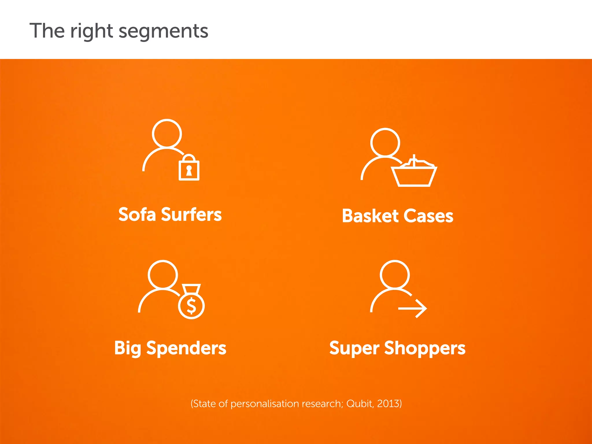 Sofa Surfers
Big Spenders
Basket Cases
Super Shoppers
(State of personalisation research; Qubit, 2013)
The right segments
 