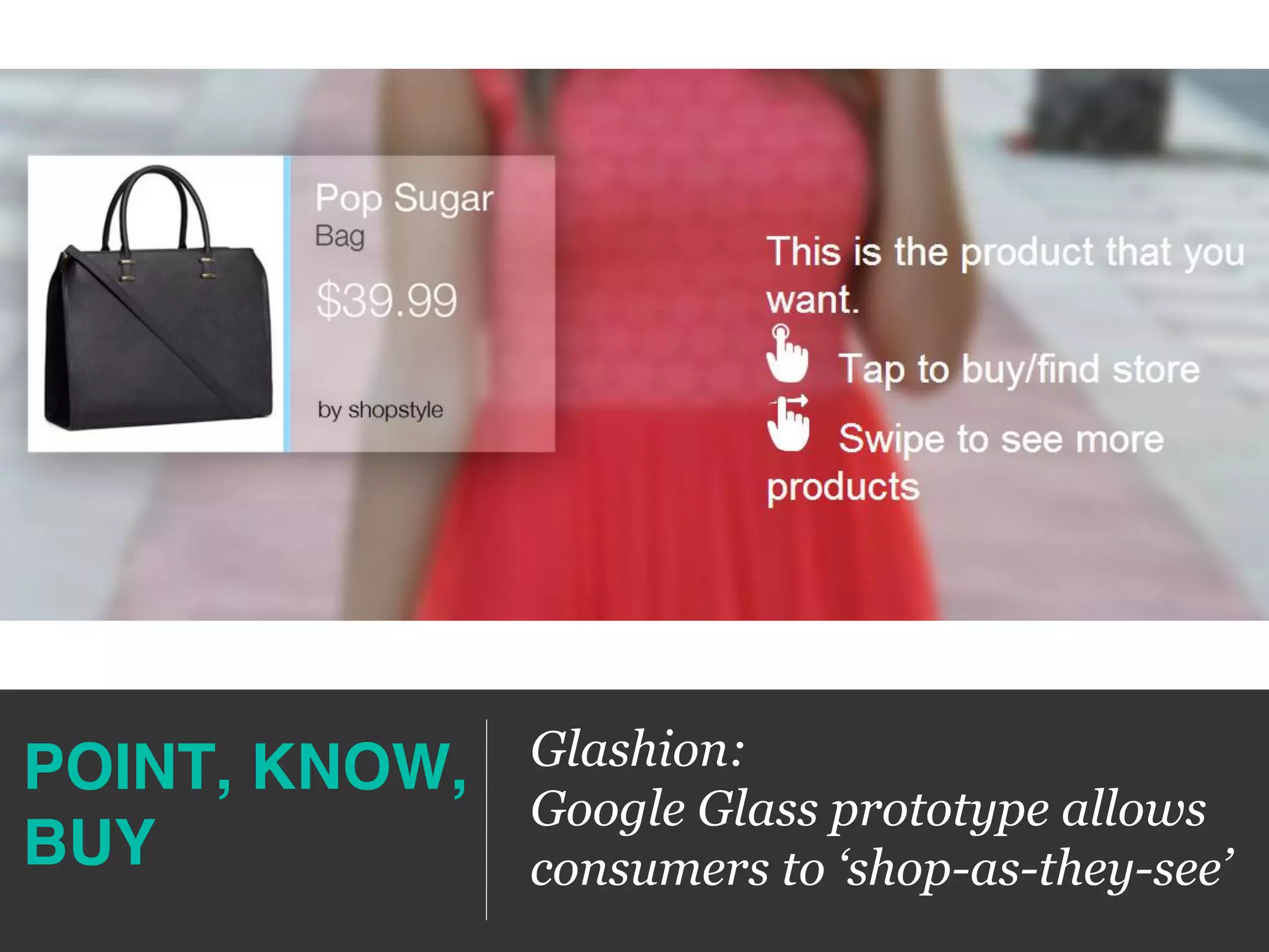 POINT, KNOW, 
BUY!
Glashion:
Google Glass prototype allows
consumers to ‘shop-as-they-see’
 
