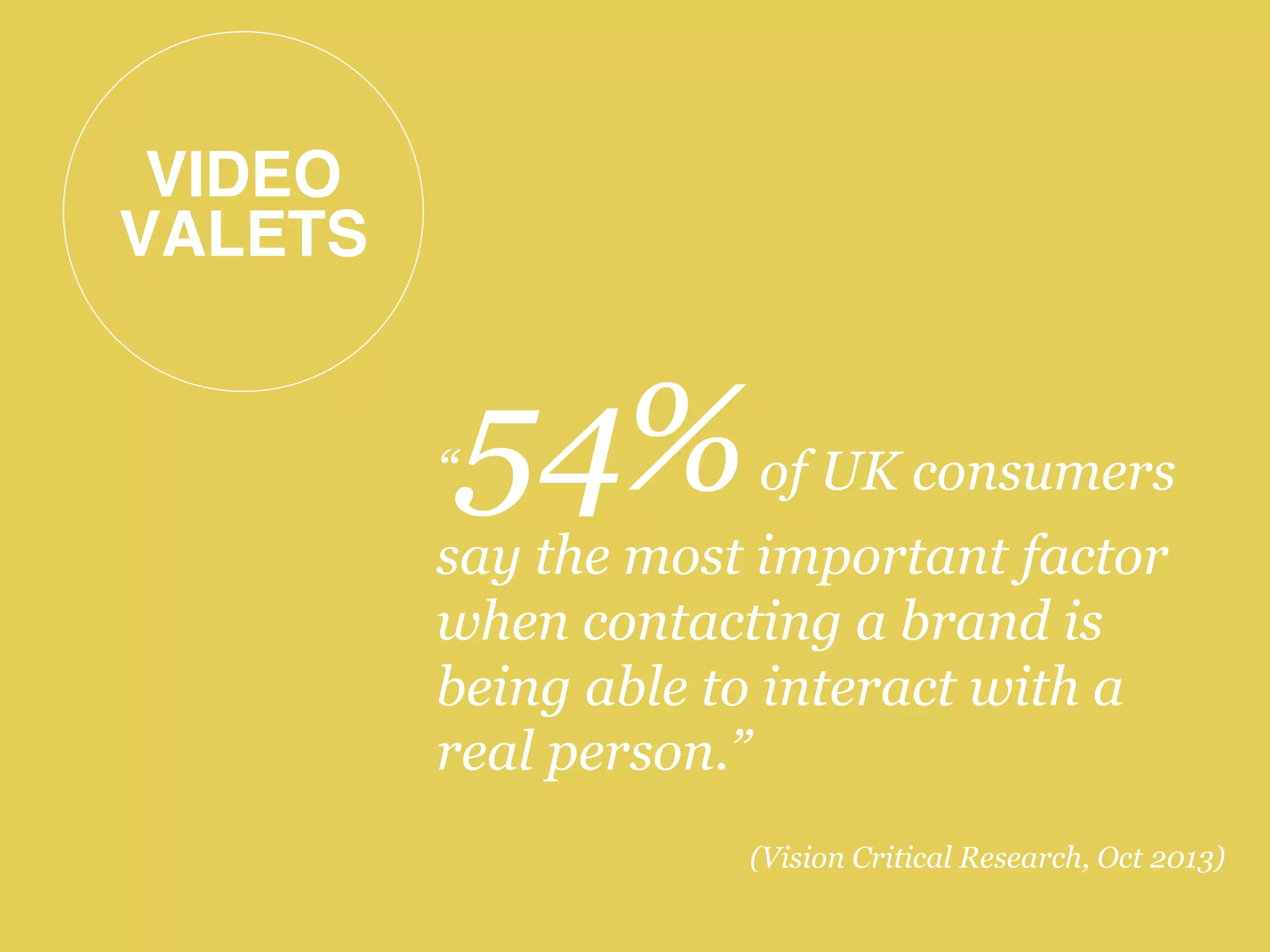 VIDEO 
VALETS!
“54%of UK consumers
say the most important factor
when contacting a brand is
being able to interact with a
real person.”
(Vision Critical Research, Oct 2013)
 