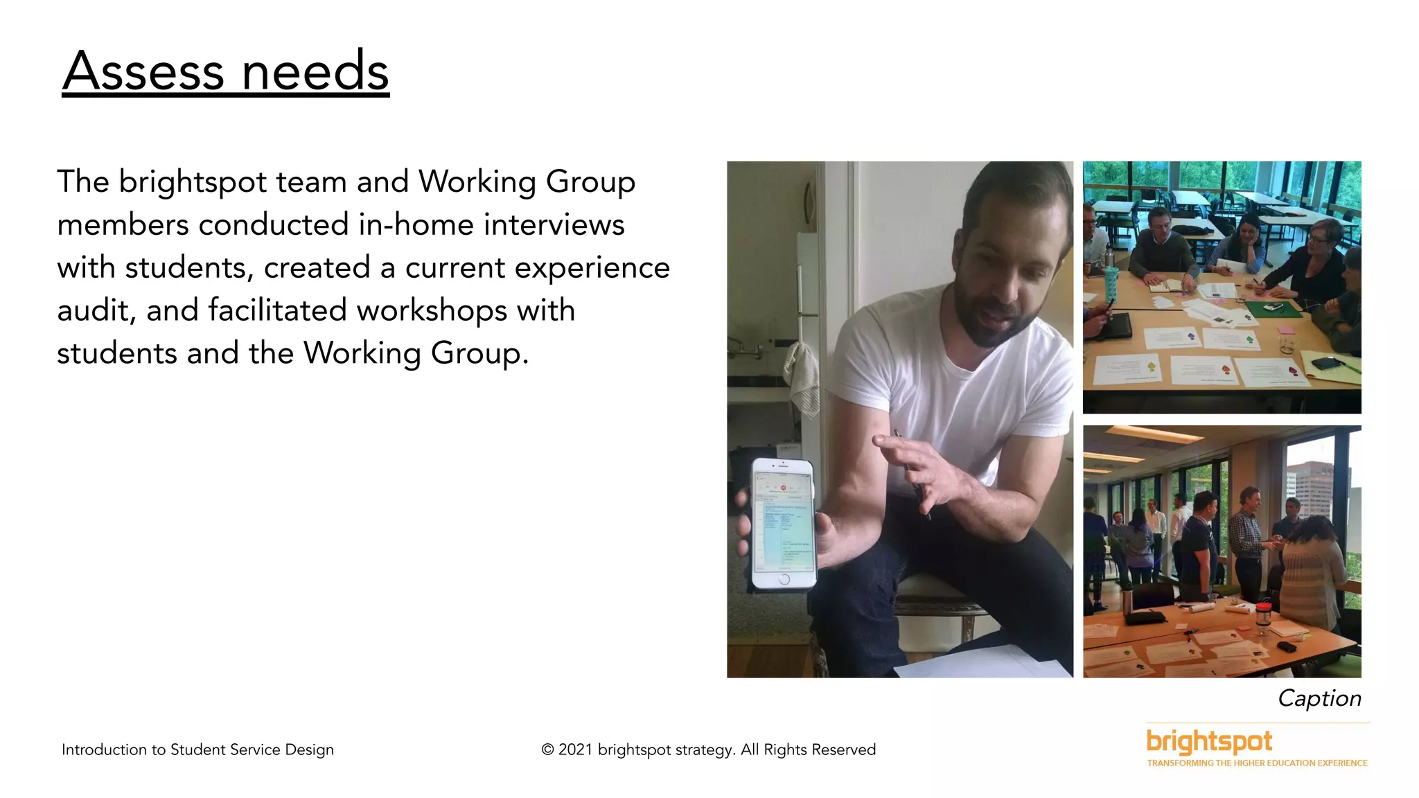 Introduction to Student Service Design © 2021 brightspot strategy. All Rights Reserved
Assess needs
The brightspot team and Working Group
members conducted in-home interviews
with students, created a current experience
audit, and facilitated workshops with
students and the Working Group.
Caption
 