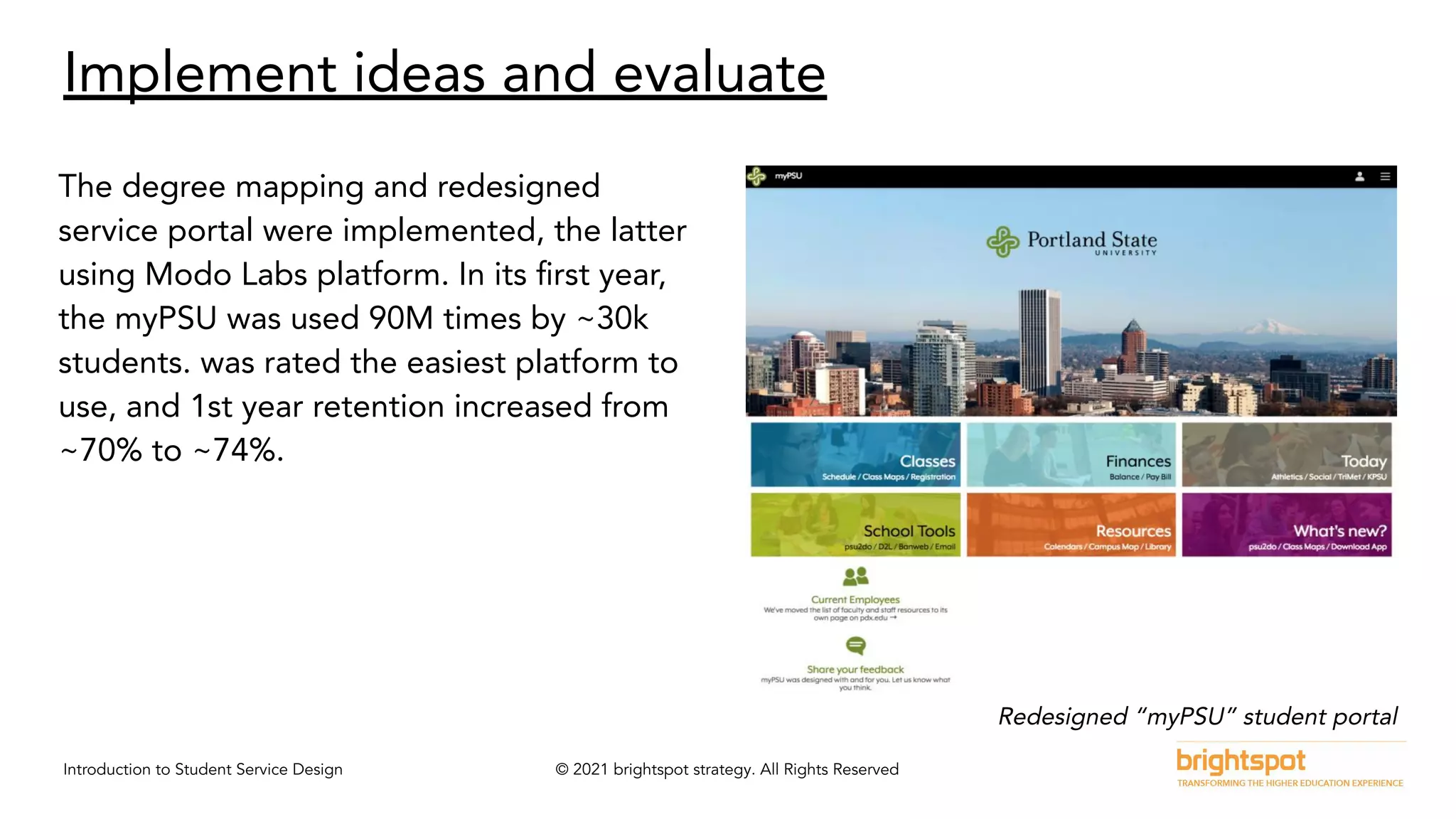 Introduction to Student Service Design © 2021 brightspot strategy. All Rights Reserved
Implement ideas and evaluate
The degree mapping and redesigned
service portal were implemented, the latter
using Modo Labs platform. In its ﬁrst year,
the myPSU was used 90M times by ~30k
students. was rated the easiest platform to
use, and 1st year retention increased from
~70% to ~74%.
Redesigned “myPSU” student portal
 