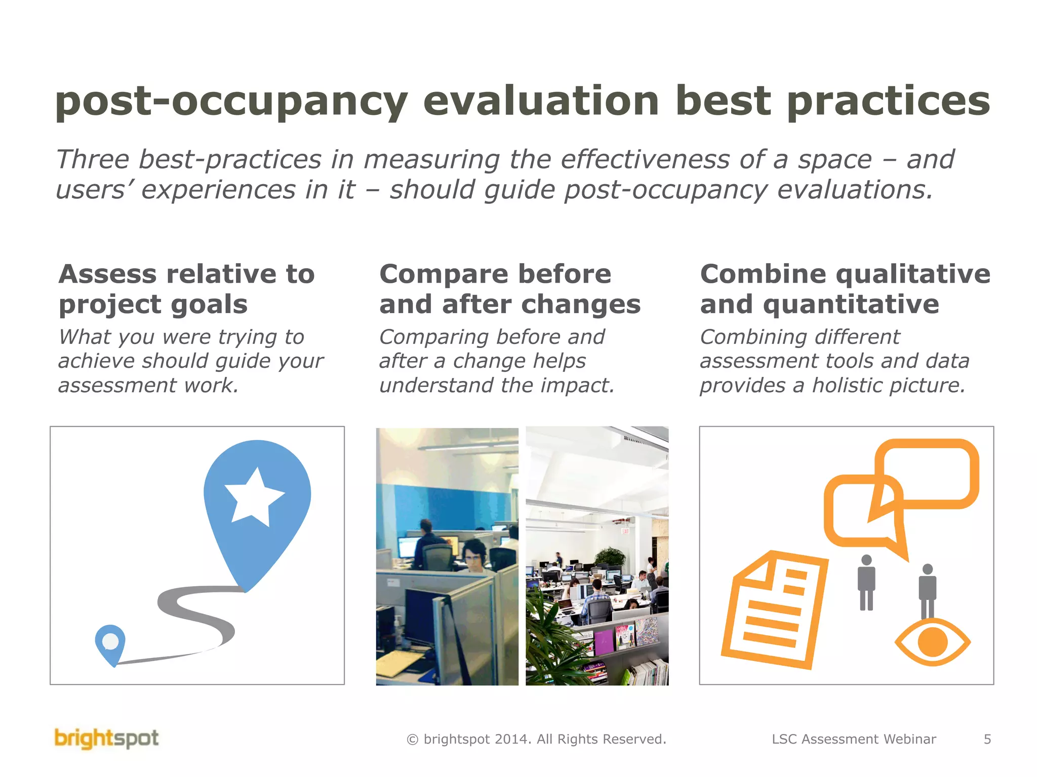 LSC Assessment Webinar 5© brightspot 2014. All Rights Reserved.
post-occupancy evaluation best practices
Three best-practices in measuring the effectiveness of a space – and
users’ experiences in it – should guide post-occupancy evaluations.
Assess relative to
project goals
What you were trying to
achieve should guide your
assessment work.
Compare before
and after changes
Comparing before and
after a change helps
understand the impact.
Combine qualitative
and quantitative
Combining different
assessment tools and data
provides a holistic picture.
 