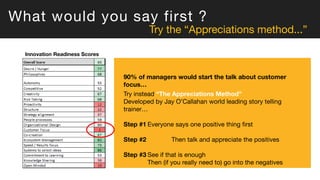 What would you say first ?
Innovation Readiness Scores
Try the “Appreciations method...”
90% of managers would start the talk about customer
focus…
Try instead “The Appreciations Method”
Developed by Jay O’Callahan world leading story telling
trainer…
Step #1 Everyone says one positive thing first
Step #2 Then talk and appreciate the positives
Step #3 See if that is enough
Then (if you really need to) go into the negatives
 