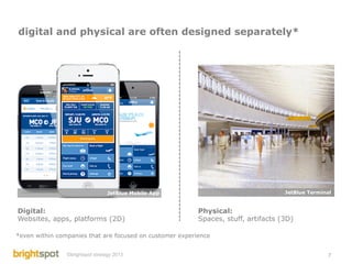 digital and physical are often designed separately*




                                 JetBlue Mobile App                                 JetBlue Terminal


Digital:                                                  Physical:
Websites, apps, platforms (2D)                            Spaces, stuff, artifacts (3D)

*even within companies that are focused on customer experience


                ©brightspot strategy 2013                                                         7
 