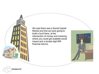 We said there was a Social Capital Market and that we were going to build a fund there, at the intersection of money and meaning, where you could get scalable social impact and a double digit IRR financial returns. background 