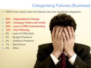 Categorising Failures (Business)
o CRM Forum study broke the failures into nine significant categories;
o
o
o
o
o
o
o
o
o

29% - Organisational Change
22% - Company Politics and Inertia
20% - Lack of CRM Understanding
12% - Poor Planning
6% - Lack of CRM Skills
4% - Budget Problems
2% - Software Problems
1% - Bad Advice
4% - Other

IAN MOYSE

 