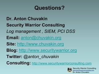 Standards: The ONLY Way Out!FIRST: make it easier to know what logs tell us!Easier to report on logs and explain the reportsDeeper insight into future problems Easier system interoperabilityCommon logging practicesEasier to explain what is in the logs to management and non-IT people