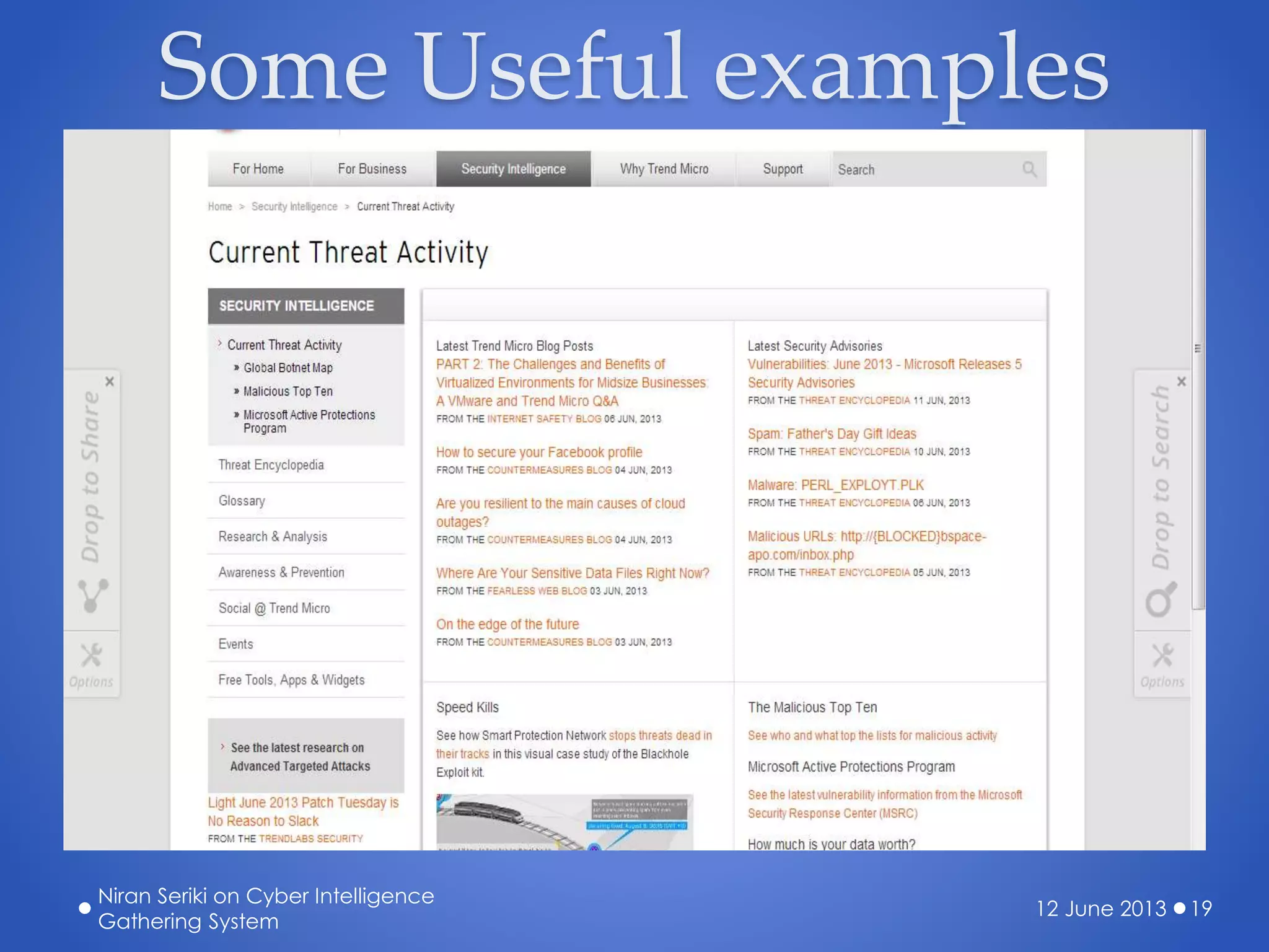 Some Useful examples
12 June 2013
Niran Seriki on Cyber Intelligence
Gathering System
19
 