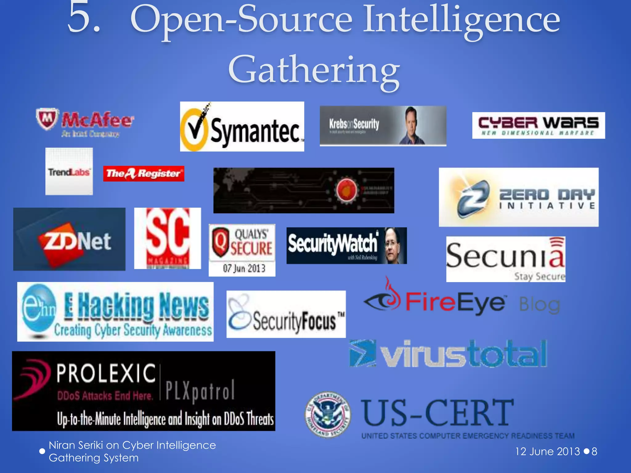 5. Open-Source Intelligence
Gathering
12 June 2013
Niran Seriki on Cyber Intelligence
Gathering System
8
 