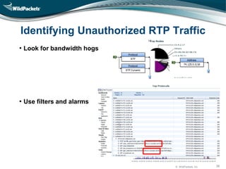 © WildPackets, Inc. 38
Identifying Unauthorized RTP Traffic
• Look for bandwidth hogs
• Use filters and alarms
 
