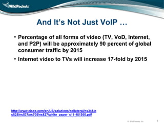 © WildPackets, Inc. 8
And It’s Not Just VoIP …
• Percentage of all forms of video (TV, VoD, Internet,
and P2P) will be approximately 90 percent of global
consumer traffic by 2015
• Internet video to TVs will increase 17-fold by 2015
http://www.cisco.com/en/US/solutions/collateral/ns341/n
s525/ns537/ns705/ns827/white_paper_c11-481360.pdf
 