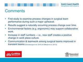 Comments
§ First study to examine process changes in surgical team
performance during such a major upheaval.
§ Results suggest a naturally occurring process change over time.
§ Environmental factors (e.g. ergonomic) may support collaborative
work.
§ Increase in staff numbers – i.e., new staff creates a positive
change in work place culture.
§ Communication & teamwork among surgical teams improved in
transient teams [Korkiakangas et al. (2016) & Gillespie et al. (2013)]
 