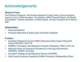 Acknowledgements
Research team
Prof Wendy Chaboyer, Prof Andrea Marshall, Evelyn Kang, Emma Harbeck,
Joanne Lavin, Catherine Steel, Tina Nikolic, A/Prof Teresa Withers, Dr Nicole
Fairweather, Therese Gardiner, Dr Mark Sykes, Dr Kyra Hamilton & Dr Dianne
Ball.
Stakeholders
§ Study participants
§ Princess Alexandra & Gold Coast University Hospitals
Funders
§ Australian Research Council (ARC) Discovery Early Career Research
Award (DECRA): 2012-15
§ NHMRC Translation Into Research Practice Fellowship (TRIP), 2014-16
§ National Centre for Research Excellence in Nursing Interventions
(NCREN), Griffith University
§ Australian College of periOperative Nurses (ACORN)
§ Gold Coast University Hospital & Griffith University Collaborative Grant
 