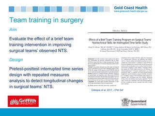 Team training in surgery
Aim
Evaluate the effect of a brief team
training intervention in improving
surgical teams’ observed NTS.
Design
Pretest-posttest interrupted time series
design with repeated measures
analysis to detect longitudinal changes
in surgical teams’ NTS.
Gillespie et al, 2017, J Pat Saf
 